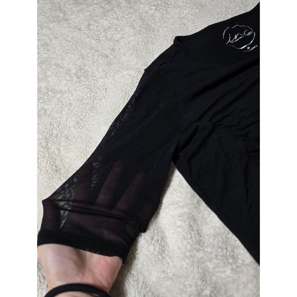 INC International Concepts Black Ruched Front Sheer Mesh Sleeve Top Medium